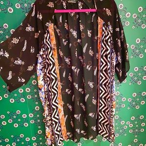 Sheer Dressy Kimono Style Cover Black with Floral Print Orange Blue Pink
